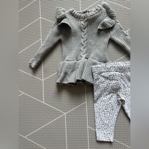Laura Ashley|Baby girl matching set,knit Gray sweater w ruffles & ditsy florals•